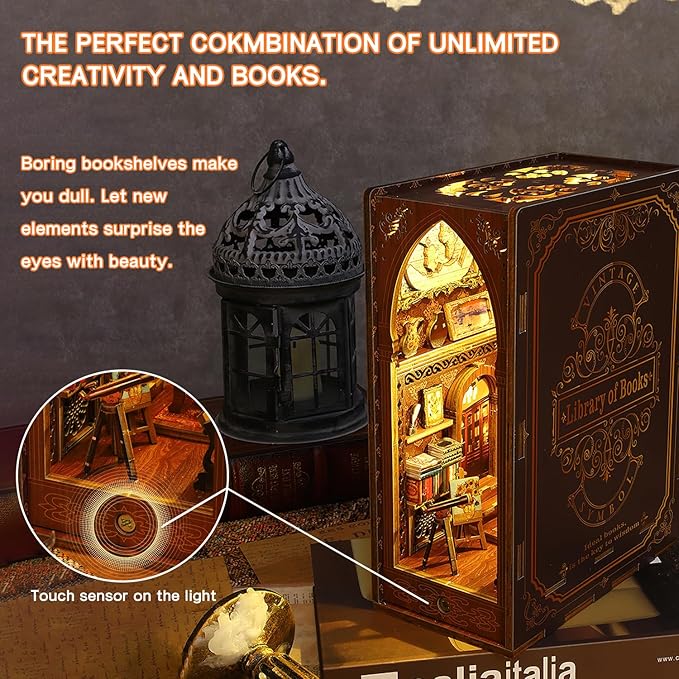 Book Nook Kit, DIY Dollhouse Booknook Bookshelf Insert Decor Alley, DIY Book Nook Miniature Kit with Lights, 3D Wooden Puzzle Decorative Bookend Miniature Model Kits for Kids/Adults