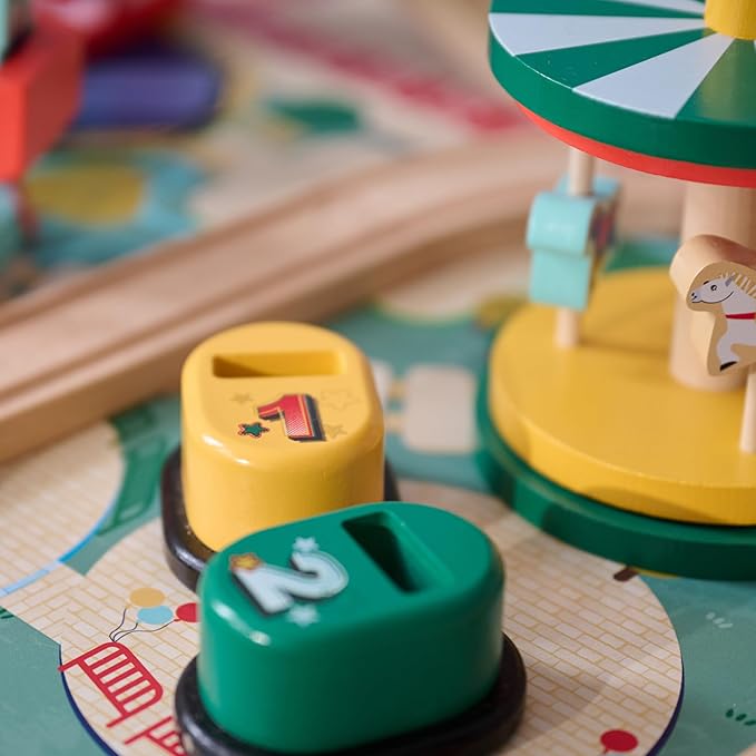 Teamson Kids Wooden Train Table – Carnival-Themed Amusement Park Playset with Ferris Wheel, Carousel & Train Track – Interactive Toy for Toddlers with Storage – Ages 3+