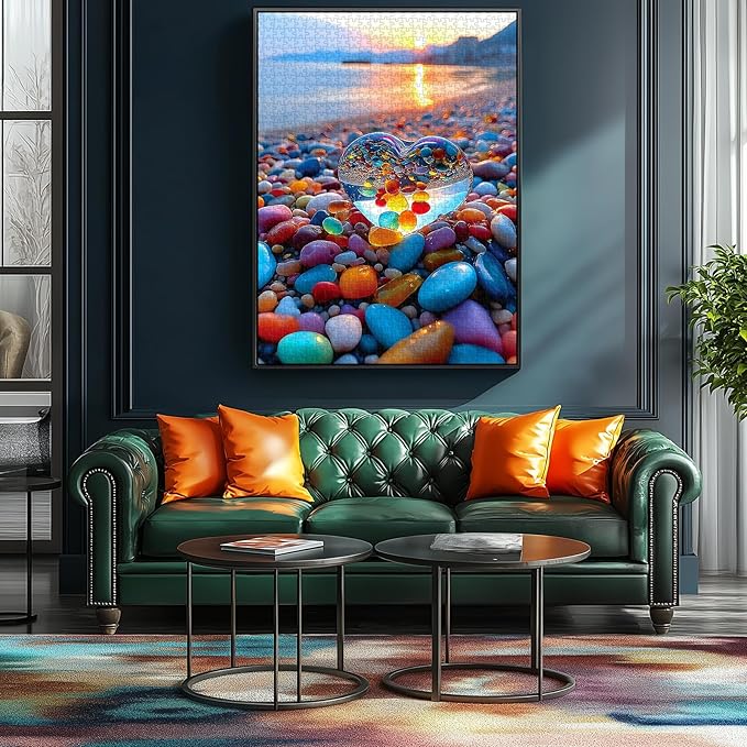 500 Piece Jigsaw Puzzle for Adults Sunset Beach Scene Colorful Heart-Shaped Pebbles ibrant Ocean View Relaxing Coastal Landscape Challenging Puzzle for Puzzle Lovers (23"x15")