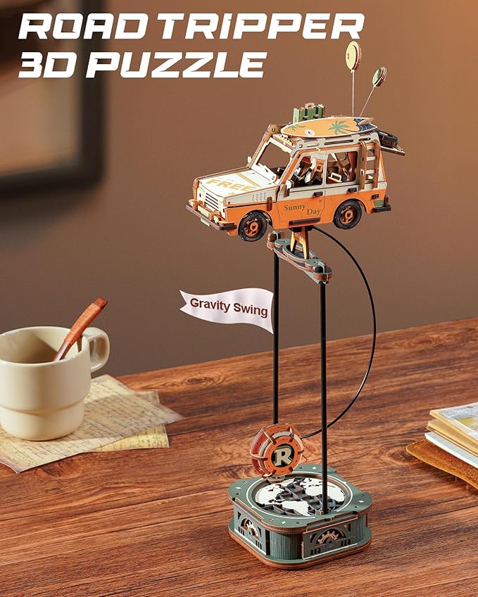 ROKR Pendulum Balance Toy, 3D Wooden Puzzles for Adults, Retro Road Tripper Car, DIY Craft Wood Puzzle Kit, Unique Gift for Men Women