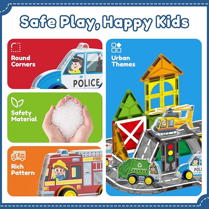 Oriate Rolling City Vehicle for Magnetic Tiles, Free Wheels Rescue Toy Cars Compatible with Road Magnet Tiles, Car Toys for Kids Urban Road Traffic Magnetic Tiles Toys, Educational Gift Boys Girls