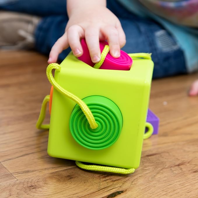 Fat Brain Toys OombeeCube, Toddler and Baby Toys 10 Months and Up, Travel-Friendly Shape Sorter with Tethered Shapes for Early Learning