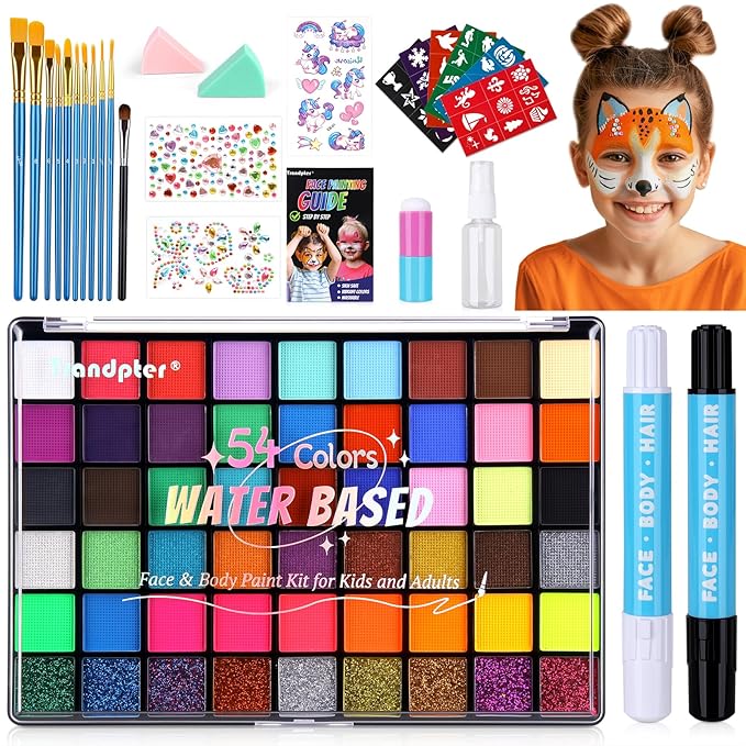 54 Color Face Painting Kit for Kids, Non-Toxic Face Paint Makeup Kit| with Stencil, Guide Book, Easy to Use and Washable Facepaint Makeup Kit for Halloween, Cosplay, School Event