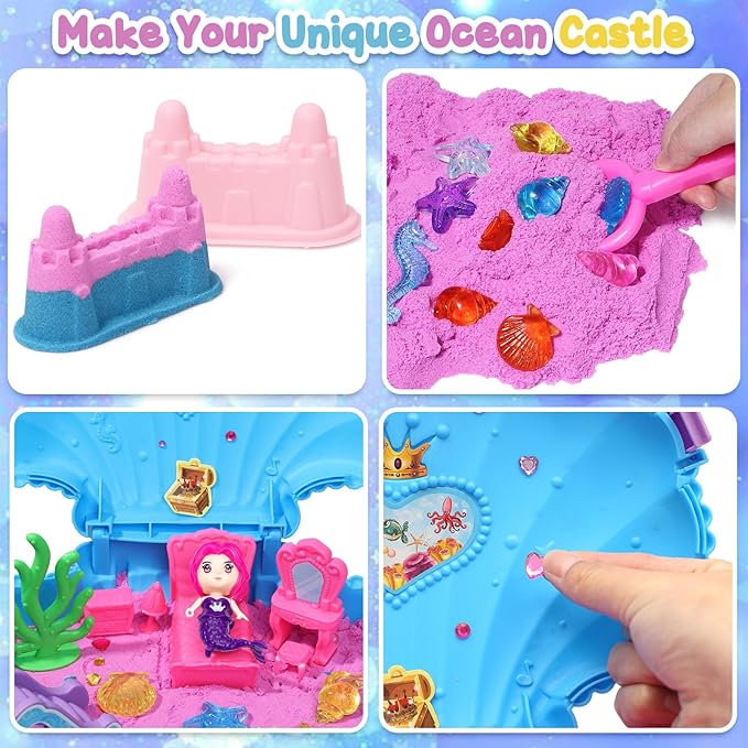 G.C Ocean Mermaid Sensory Bin for Girl Kid Toy, 2lb Play Sand/Large Sea Shell/Sandbox/ 6 Castle Molds/Figures, Mermaid Sensory Toys Christmas Birthday Gift for Toddlers Girls Age 3 4 5 6 7 8