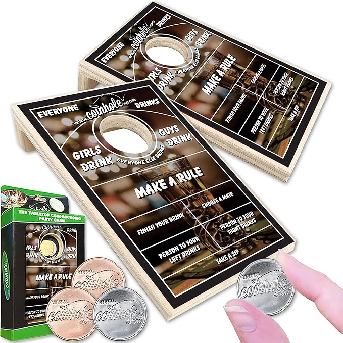 Coinhole Desktop Coin Bouncing Party Game Set | Tabletop Cornhole Board Game | Small Cornhole Travel Game Includes Coins