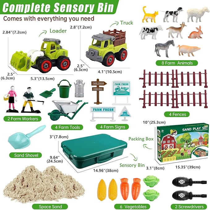 Farm Sensory Bin, Farm Sensory Kits Toy with 2.2lbs Play Sand, 31pcs Animals Trucks Creativity Magic Sand Box with Lid, Christmas Birthday Gift for Boys Kids Toddlers Ages 3 4 5 6 7 8