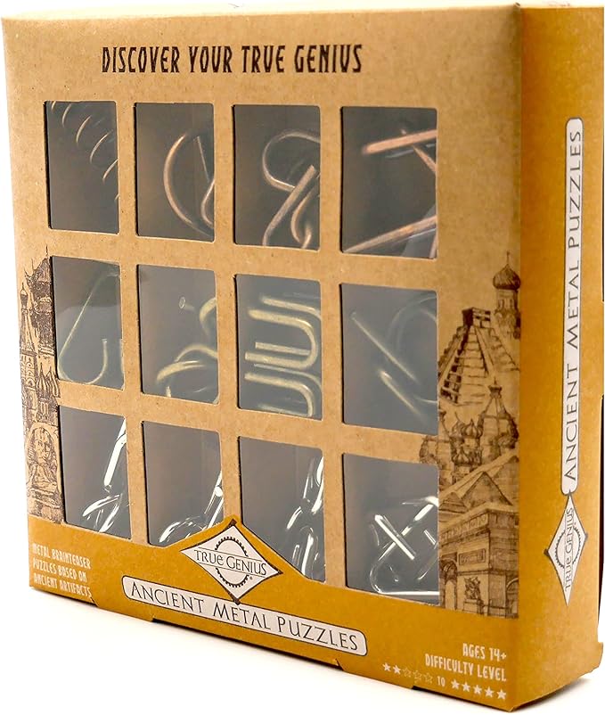 Ancient Metals 12-Piece Metal Puzzle Set – Brain Teaser Disentanglement Puzzles for Adults & Teens, Logic Game Gift for Men, Stress Relief Desk Toys, Unique Metal Mind Challenges