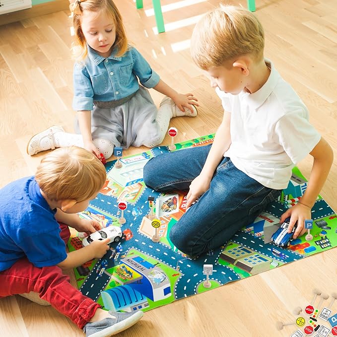Attatoy Kids Wooden Street Signs Playset (14-Piece Set), Wood Traffic Signs Perfect for Car & Train Set