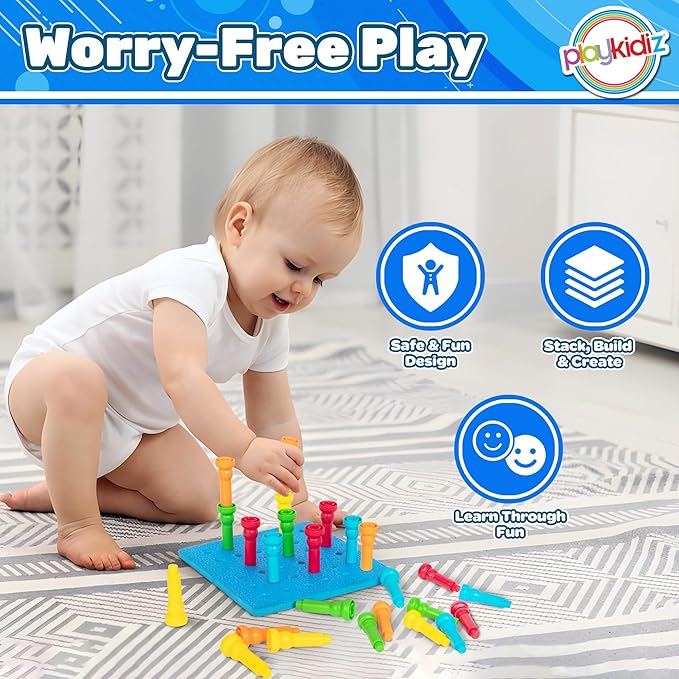 Play Build Peg Board Toy for Kids, 25 Colorful Pegs with Foam Board, Stacking Pegboard Set, Toddler Learning Toys for Ages 3+, Montessori, Educational, Therapy Toy for Boys & Girls