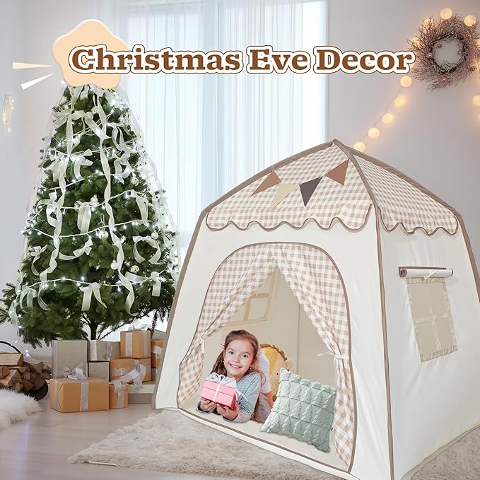Toddler Bed Tent, Kids Play Tent with Flags, Star String, Portable Bed Canopy for Boys & Girls, Children, Indoor Outdoor Dome Playhouse, Khaki Plaid, 51" x 39" x 51"