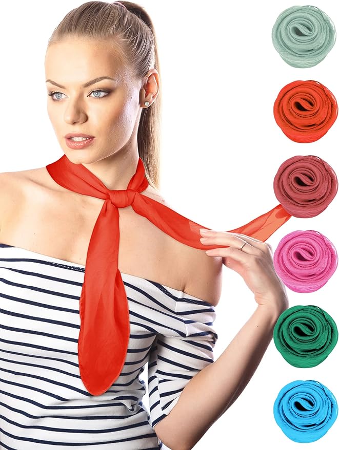 Boao 6 Pieces Chiffon Scarf 1950s Square Neck Head Scarfs Vintage Soft Polyester for Women Lady