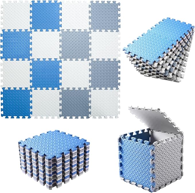 Foam Floor Mats for Kids, 12 x 12 Inch 16 Tiles 0.4" Thickness Foam Play Mat, Non-Toxic Square Interlocking Floor Mats Rubber Baby Play Mat for Toddlers(White/Gray/Gray Blue)
