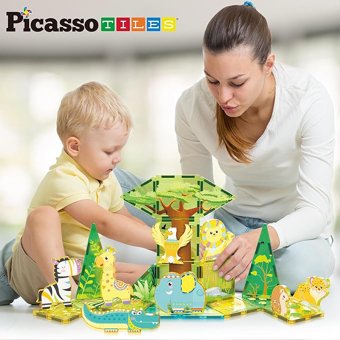 PicassoTiles Magnet Tile Building Blocks Safari Themed Playset with 8 Animal Character Action Figures Magnetic Tiles STEM Learning Imaginative Play Toy Construction Set Preschool Toddler Ages 3+ PTQ22