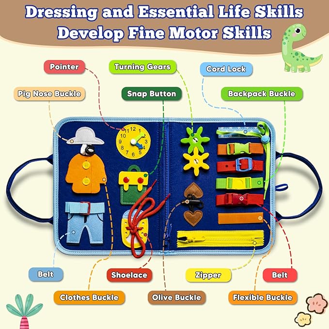 Montessori Busy Board for Toddlers 1-3, Sensory Educational Activities Board for Learning Fine Motor Skills, Travel Toys for Airplane Car, Gift for Girls Boys 2-4 Years Old (Dinosaur)