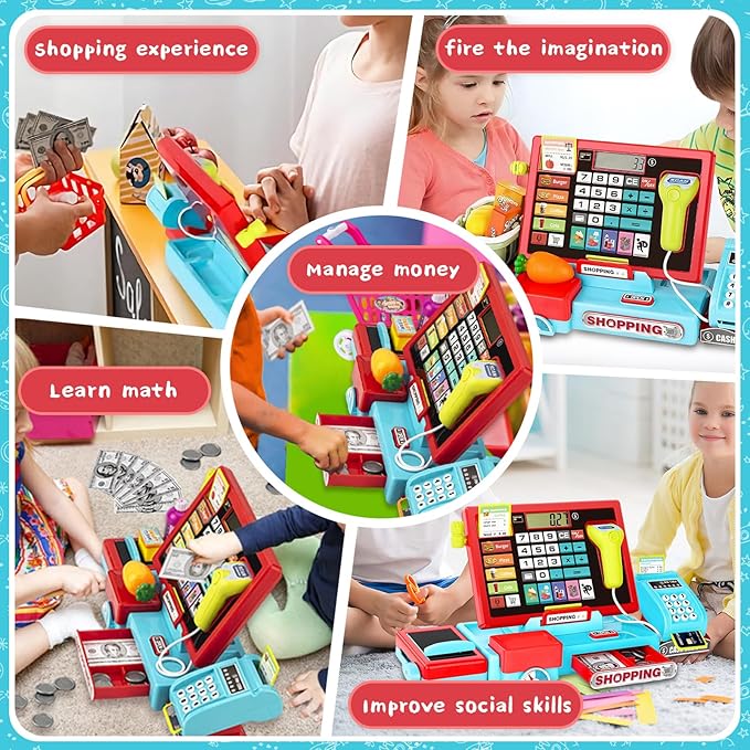 Cash Register Playset Toy for Kids, Real Calculator Register, Pretend Play Store with Music, Scanner, Play Money, Food, Preschool Learning Toy Playset Gift (Blue Red)