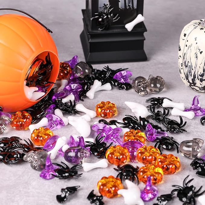 FUTUREPLUSX 180-200PCS Halloween Vase Filler, Halloween Sensory Bin Filler, Assorted Plastic Pumpkins, Spiders, Skulls, Bats, Ghosts & Witch Hats – Spooky Party Decorations, Classroom & Home