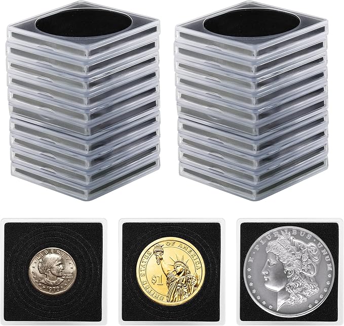 Coin Snap Holders, 20 Pcs Silver Dollar Coin Holders, Clear Coin Capsules Cases for Collectors with 5 Sizes Black Gasket 20/25/30/35/40mm, Plastic Storage Organizer Box for Coin Collection Supplies