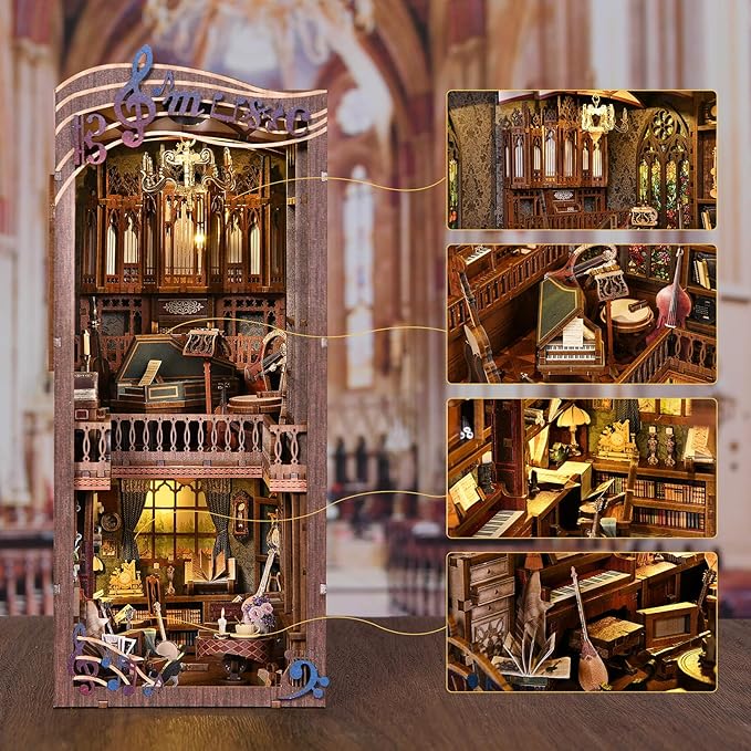 fifijoy Book Nooks, DIY Miniature Book Nook Kit Music, 3D Wooden Puzzle Bookends for Bookshelf Insert Decor with Led Light for Teens and Adults (Timeless Melody)
