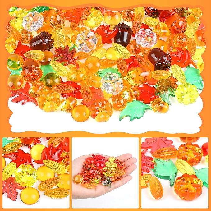 150pcs Fall Vase Filler for Thanksgiving Fall Sensory Bin Filler Acrylic Pumpkin Leaves Gems Corns Gems Acorns for Centerpieces Table Fall Sensory Bin Filler Autumn Thanksgiving Home Decoration