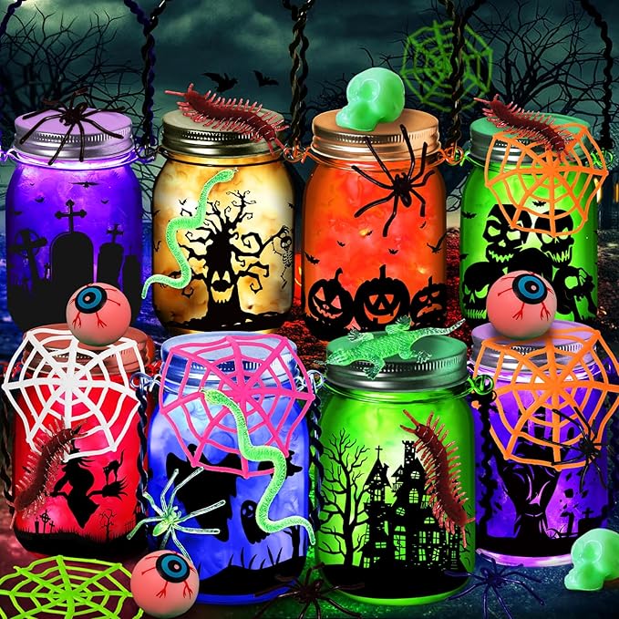 Halloween Crafts Activities For Kids Ages 4-12,8 Pack Glass Mason Jar for School Halloween Art Activities,Halloweens Craft Supplies,DIY Lantern Jar for Gifts Halloween Party Favors,Classroom Prizes