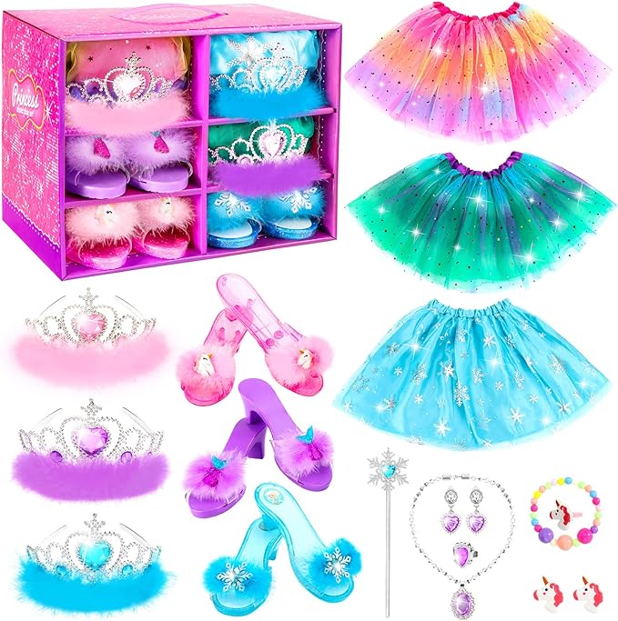 Princess Dress Up Shoes Set, Girls Dress Up Toys Toddler Jewelry Boutique Kit, 3 Themes of Unicorn Mermaid Ice Princess Costumes Set, Pretend Play Gifts for Little Girls Aged 3-6 Years Old