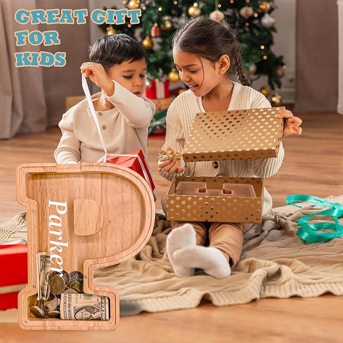 Wooden Letter Piggy Bank for Kids Larger Letter Piggy Bank for Boys and Girls Personalized Piggy Bank Initial Coin Bank Wood Kids Money Bank for Birthday and Festival