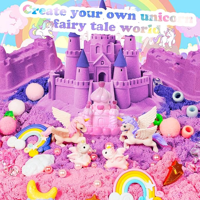 Bbiamsleep Unicorn Sensory Bin, 493 Pcs Unicorn Sand Kit with Sandbox Color Sensory Sand 6 Castle Mould 9 Tools for Birthday Party