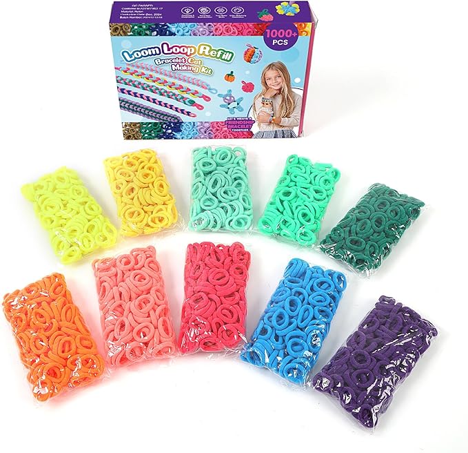 IQBOX 1000 Pcs Cloth Loom Bands Refill for Bracelet Making Kit, Elastic Bands Crafts for Girls 8-12, Gentle Hair Ties Ponytail Holders (10 Colors)