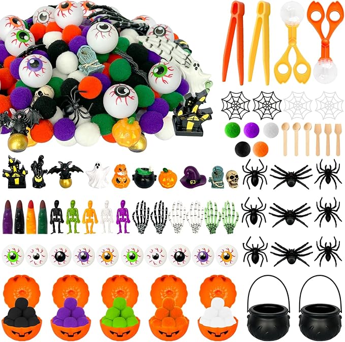 243 Pcs Halloween Sensory Bin Filler Sensory Bin Items Fine Motor Tools Counting Sorting 150 Pom Pom 75 Resin Pumpkin Witch Hat Skeleton Hand Ghost for Halloween Sorting Counting Training