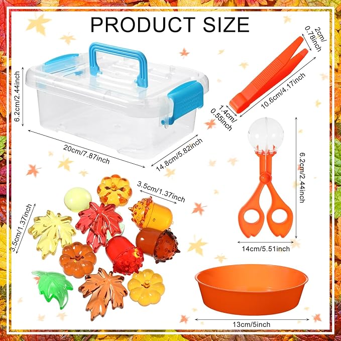 147 Pcs Fine Motor Toys Counting Sorting Fall Decorations, Sensory Bin Filler, 135 Acrylic Fall Leaves Pumpkin 4 Tweezers 2 Scissors Clips 5 Cups Storage Box for Fall, Autumn Thanksgiving Decor
