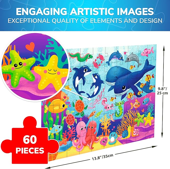 QUOKKA Puzzles for Kids Ages 4-6 – 60 Piece Jigsaw Puzzles for Toddlers Ages 3-5 with Ocean Animals – Quiet Time Toys for Preschoolers 2-4 – FSC Certified Educational Learning Game for Boys and Girls