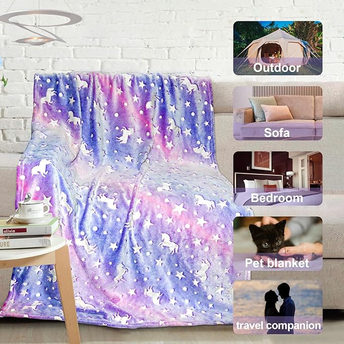 TEHALK Personalized Unicorn Blanket for Girls, Glow in The Dark, Fleece 30"x40"