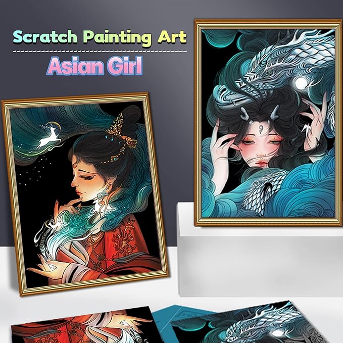 Scratch Rainbow Painting Art Paper,Scratch & Sketch Art for Kids & Adults,Scratch Painting Creative Gift Art & Craft Set,Sketch Pad DIY Scratchboard with 4 Tools,16''x11''(Asian Girl)
