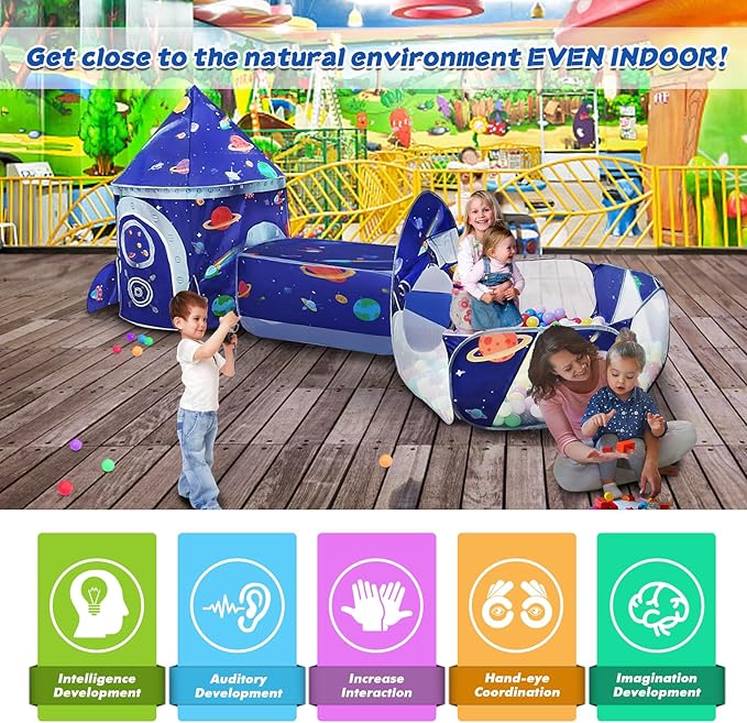 TTLOJ Gift 3pc Rocket Ship Kids Play Tent, Ball Pit, Crawl Tunnel, Toddlers Playhouse Castle Toys, Baby Boys Girls Gift for 3 4 5 6 7 Year Old, Outdoor Indoor(Balls Not Included)