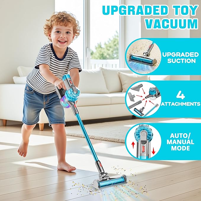 4-in-1 Kids Toy Vacuum That Works with Suction, Electric Toddler Toy Vacuum Cleaner for Children Ages 3 4 5 6+ Boys & Girls,Toddlers Toys Cleaning Set for Pretend Play (Cyan)