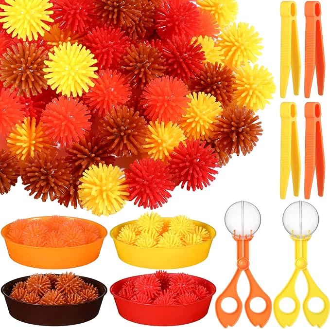 Leitee 71 Pcs Sensory Bin Filler Include 60 Hedge Balls 4 Tweezers 2 Scissors Clips 5 Cups Fine Motor Skills Toys Set for Boys Girls Early Education and Counting Sorting Training(Orange,Autumn)