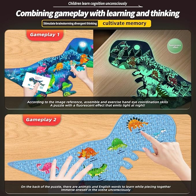 OLMZIHYVD Jigsaw Puzzles for Kids Ages 4-8, 200 Pieces Glow in The Dark Dinosaur Floor Puzzle, Educational Gifts for Boys Girls and Animal Lovers, Ideal for Indoor and Outdoor Play, 35.9" × 18.2"