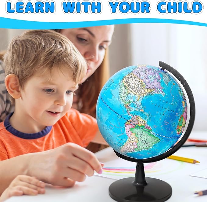 GOCHANGE 8" World Globe with Thickened Base - More Stable, 360° Spinning, Stimulate Children's Geographical Interest & Political Map, No assembly required