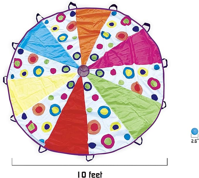 Parachute for Kids with Handles – Rainbow Multi-Colored with 16 Balls in Carry Bag, Parachute Toy for Ages 3+Toddlers, to Seniors (10ft – 12 Handles)