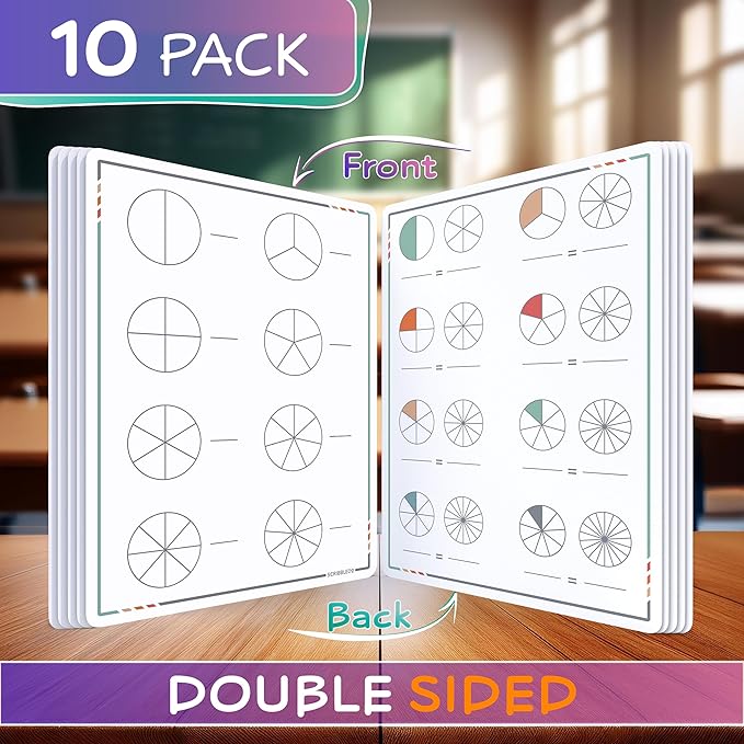 SCRIBBLEDO Fraction Manipulatives 9”x12” Small White Board Dry Erase Sheets Math Manipulatives 1st Grade Students 2nd Grade Fractions Homeschool Supplies Teacher Classroom Pack of 10 Sheets