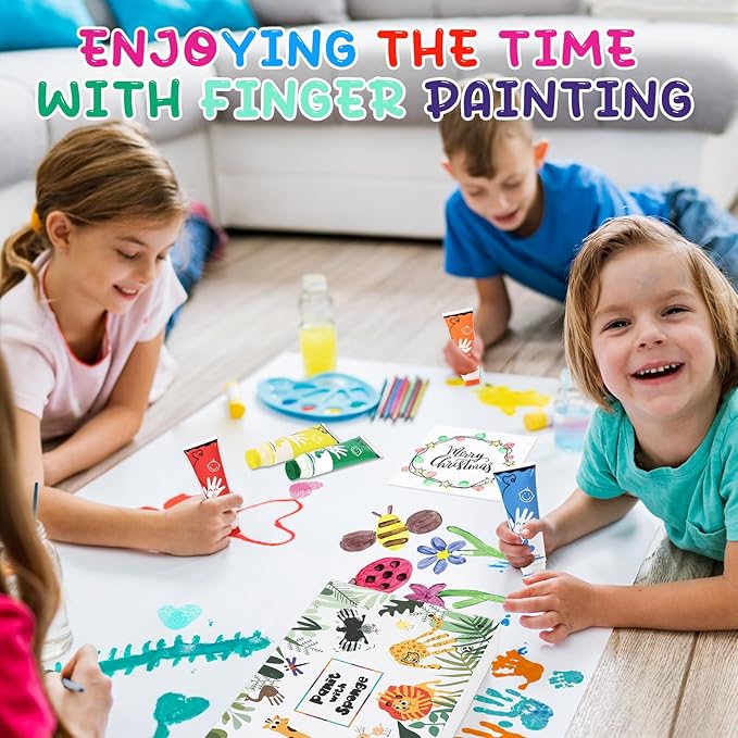 Washable Finger Paint for Toddlers, 8 Colors Large Capacity (2.54fl Oz) with Sponge Tip, Non-Toxic Baby Safe Paint for Hand and Feet, Art Supplies, Preschool Learning Gifts, Ages 1-3 4 5 6+