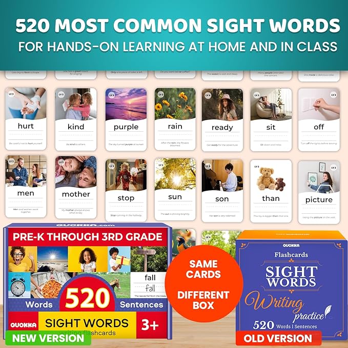 QUOKKA 520 Sight Words Flash Cards for Kids Adults – from Pre-K to 3rd Grade – 5 Levels & Bold Font & Jumbo Size & Dry Erase Cards with Realistic Images & Rings – Based on Dolch & Fry Word Lists