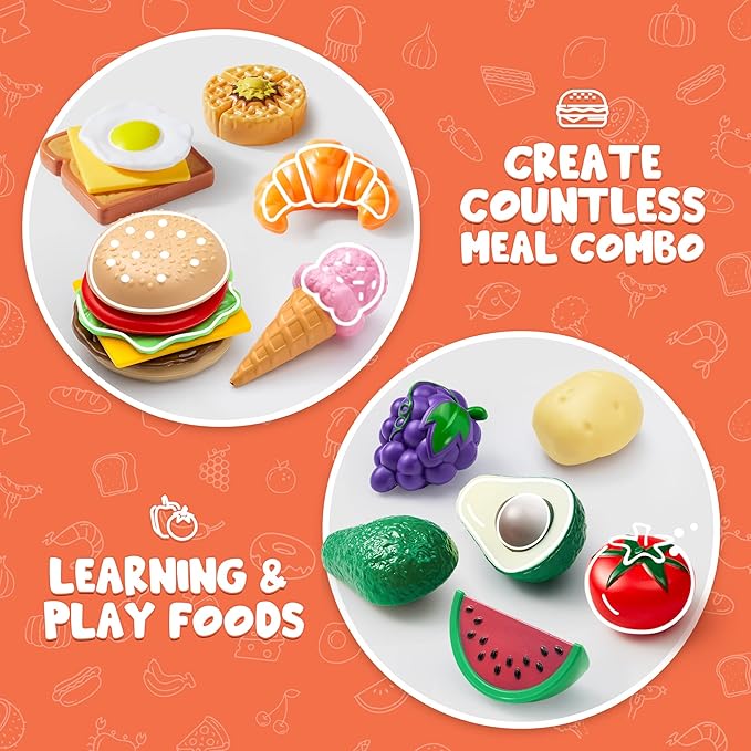 JOYIN 50 Piece Set of Kitchen Toys, Dinnerware, Dummy Fruits, Vegetables, Plastic Accessories for Children Educational Learning Toy, Role Play Gift, Easter Basket Stuffers