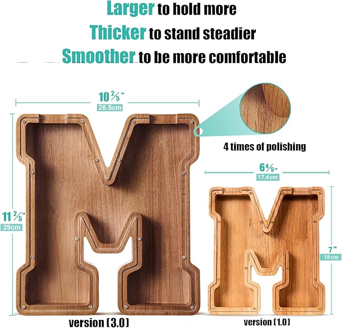 Summidate Customized Name Large Wooden Piggy Bank for Kids Boys Girls Alphabets Letter A-Z Coins Bills Money Change Bank Box Initial on Clear Cover (Laser Engraved) (Alphabet-M, Personalized-12)