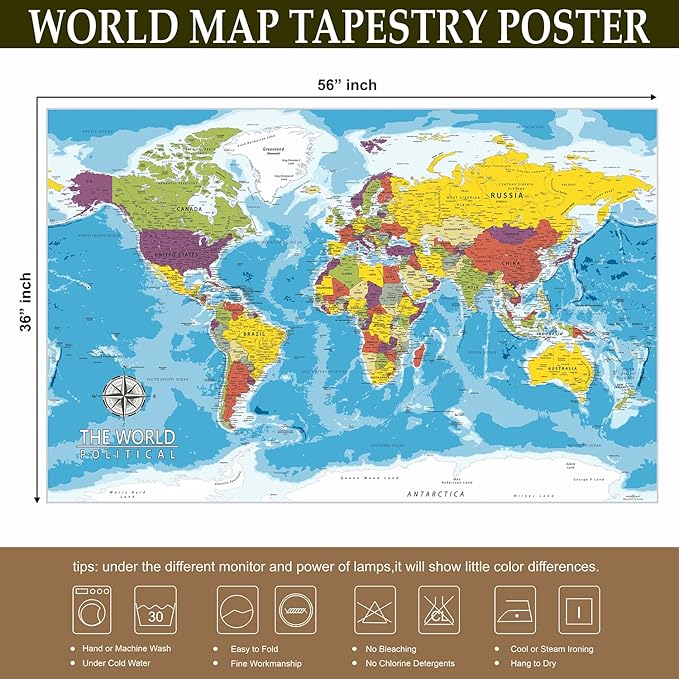 PARTH IMPEX Large World Map for Wall - 36" x 56" Huge Educational Learning Poster for Classroom, Washable Fabric Tapestry, Aesthetic School Supplies, Hanging Banner for Travel Room Decor