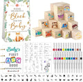 146 Pcs Baby Shower Game Sign Set Includes Decorative Square 54 DIY Blank Wooden Blocks 24 Paint Markers 27 Page Baby‘s First ABC Book (Fox)