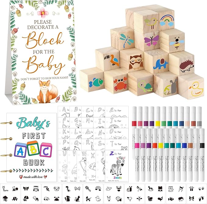 146 Pcs Baby Shower Game Sign Set Includes Decorative Square 54 DIY Blank Wooden Blocks 24 Paint Markers 27 Page Baby‘s First ABC Book (Fox)