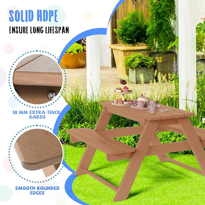 Costaelm Kids Picnic Table, HDPE All Weather Outdoor Toddler Picnic Table and Chair Set Kids Bench for Patio, Backyard, Garden, Lawn, Teak