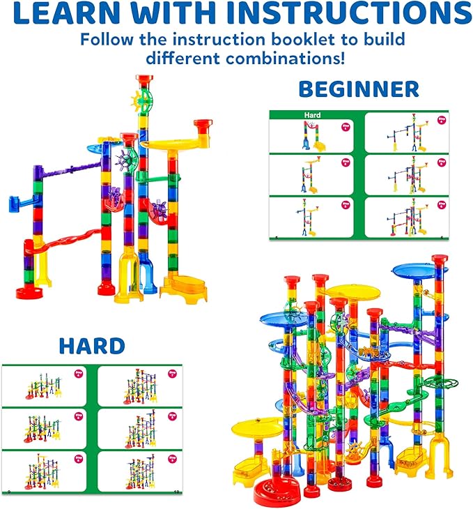 JOYIN 207Pcs Glowing Marble Run, Construction Building Blocks Toys with 5 Glow in The Dark, STEM Toy for Boys and Girls, Educational Toy, Gift for Christmas(147 Plastic Pieces + 60 Glass Marbles)