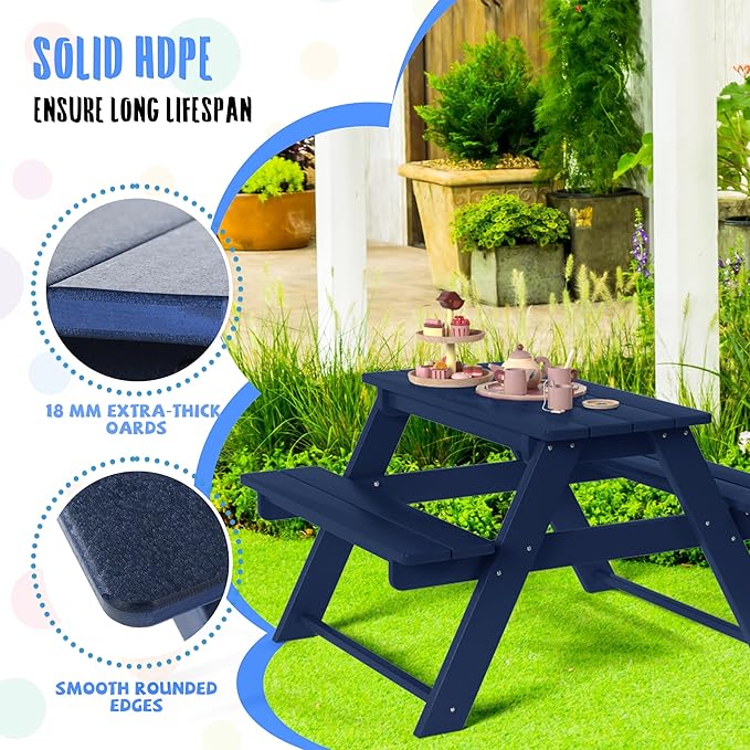 Costaelm Kids Picnic Table, HDPE All Weather Outdoor Toddler Picnic Table and Chair Set Kids Bench for Patio, Backyard, Garden, Lawn, Navy Blue